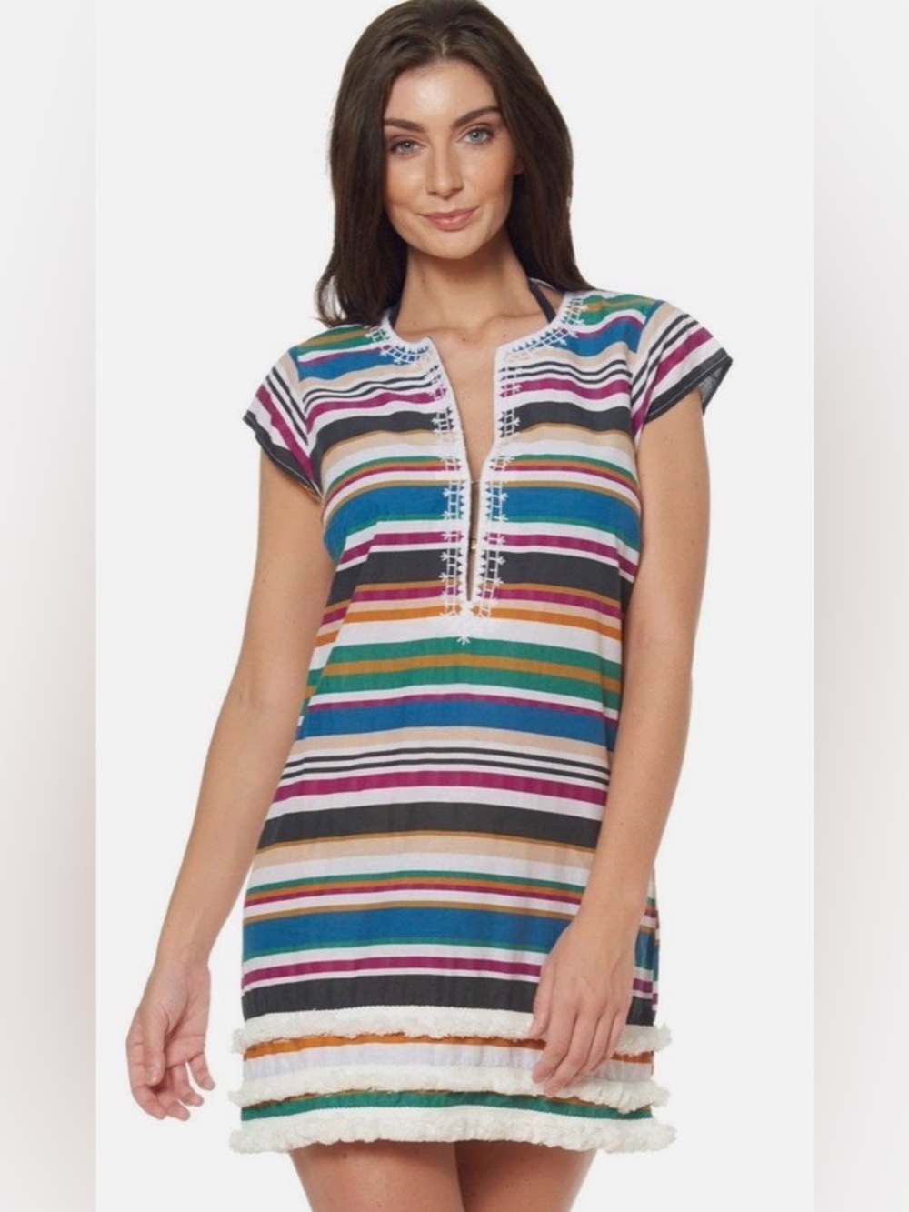 Bleu Rod Beattie Women’s Striped Fringe Caftan Swim Cover-Up- Cap Sleeve Tunic
